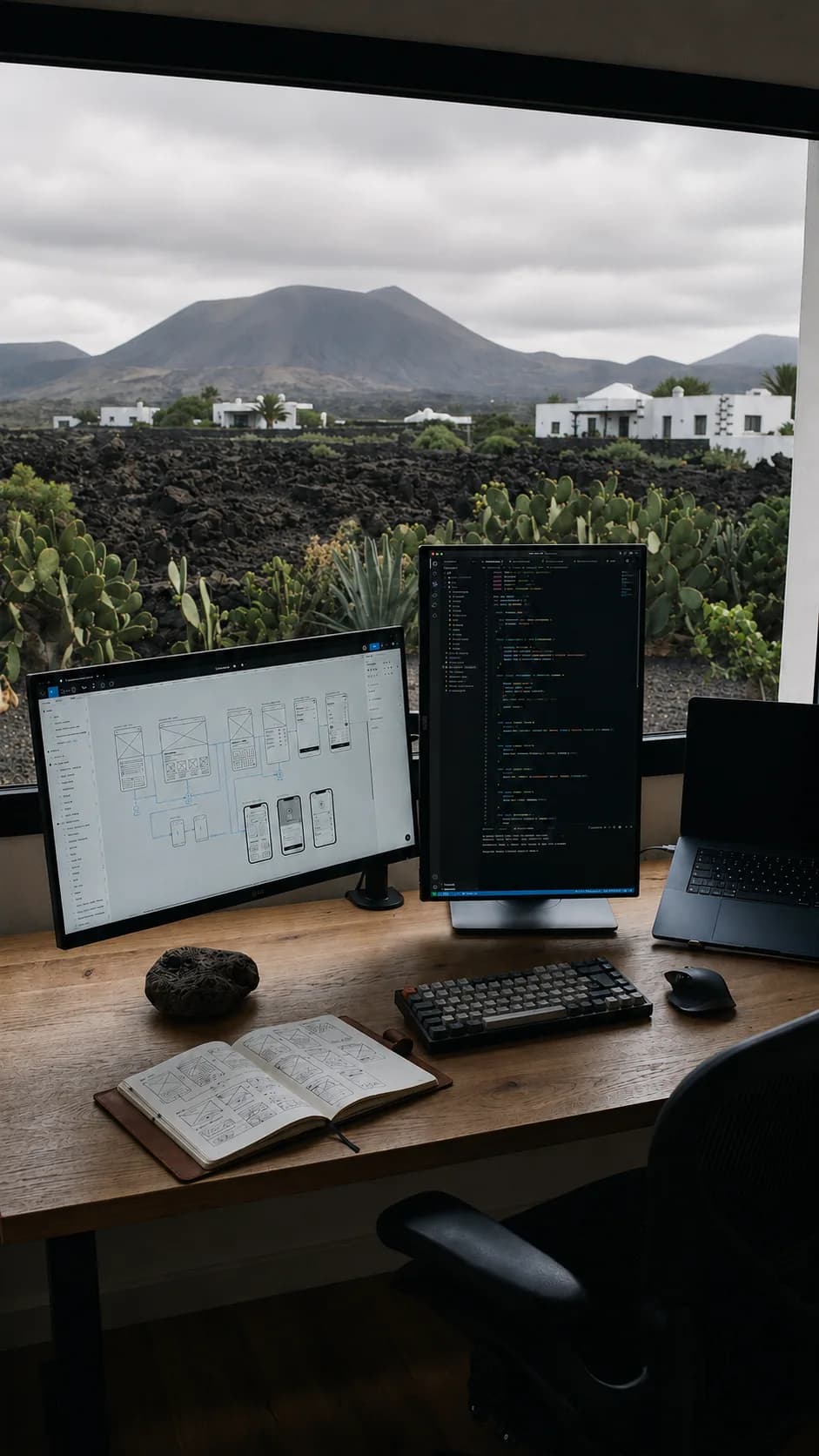 Puesto de trabajo del estudio con monitores, portátil y cuaderno de bocetos ante un ventanal con volcanes de Lanzarote.