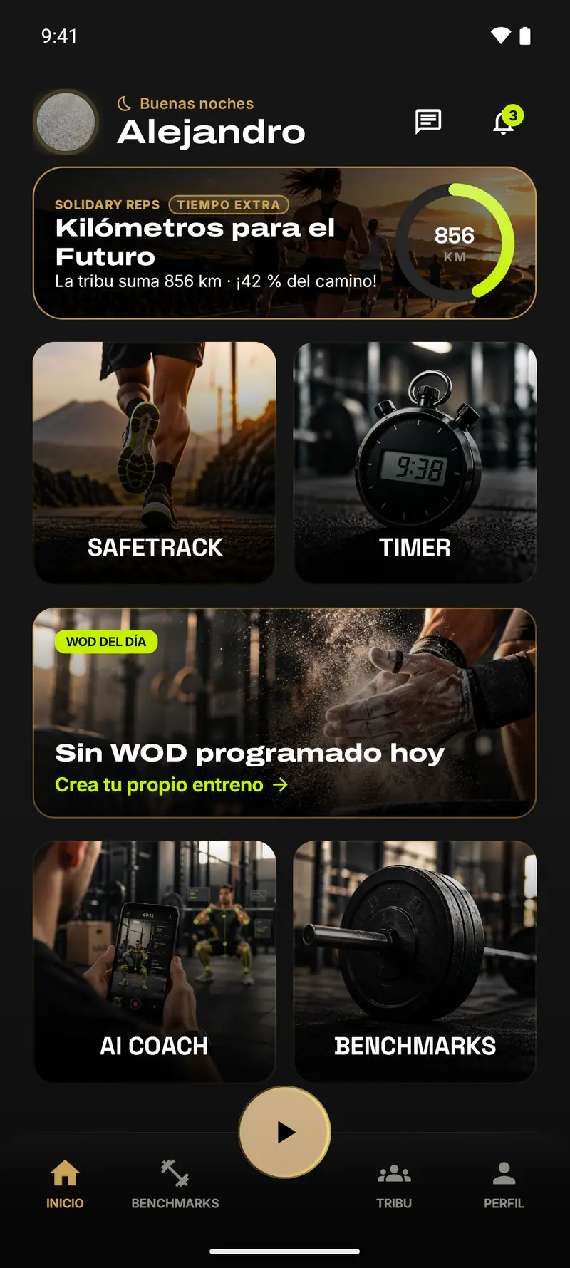 Zoku Athletics home screen on a dark background: a charity distance challenge with a lime progress ring and today’s workout.