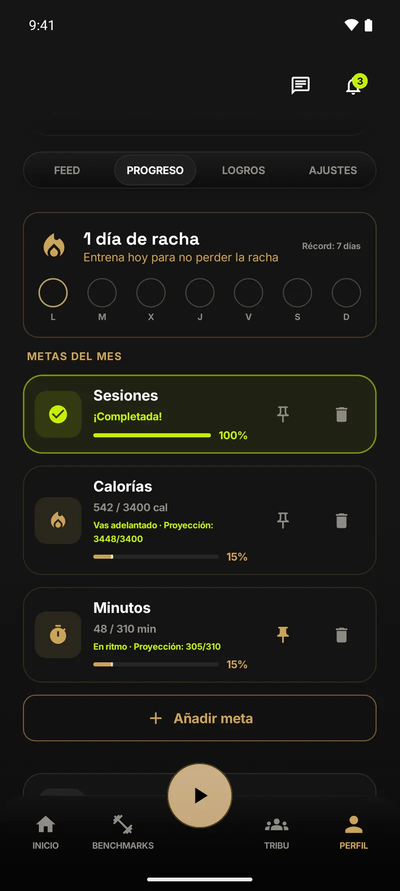 Progress tab of the Zoku Athletics profile: weekly streak and monthly goals, with progress bars, pace and projected finish.