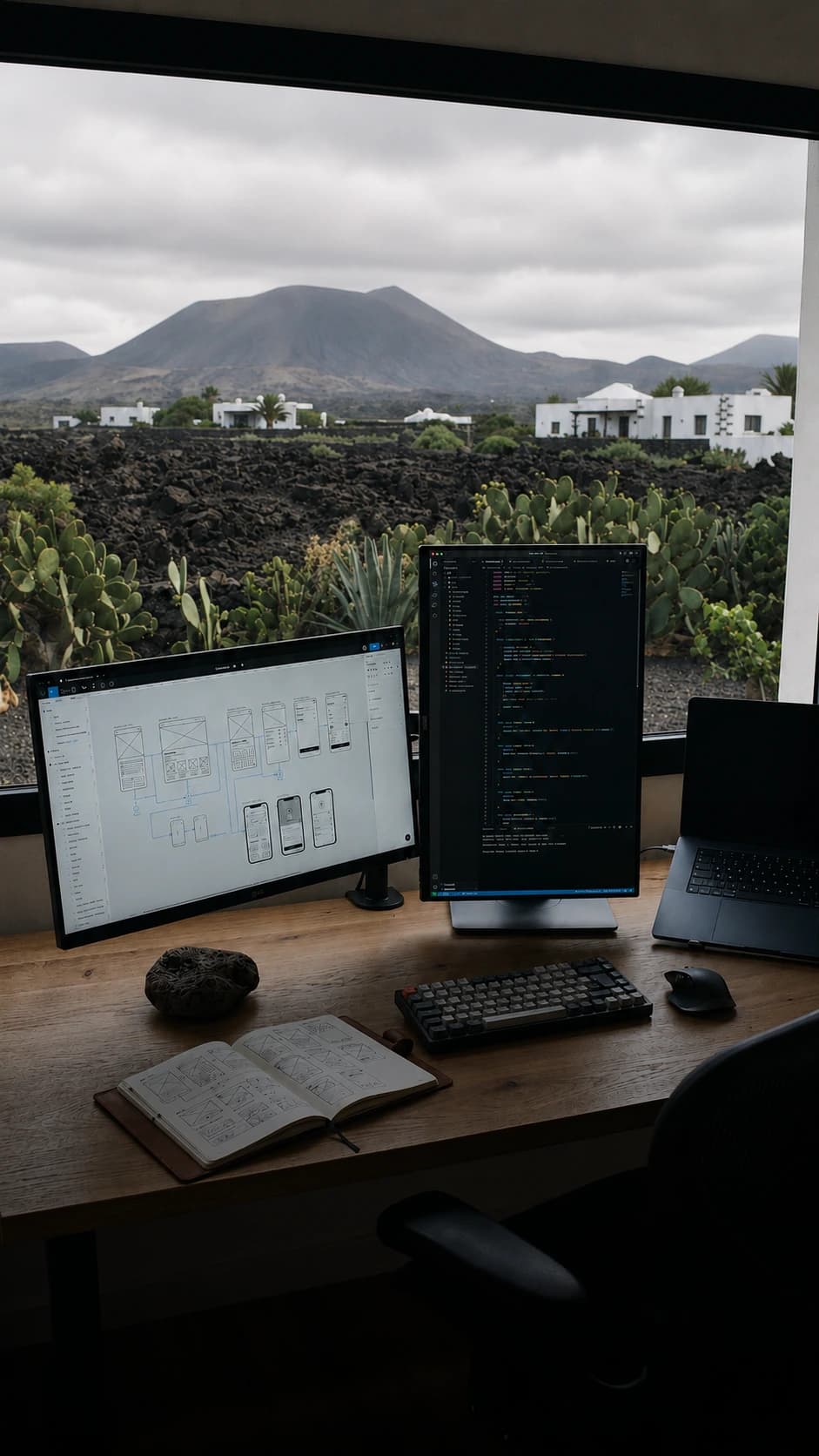 Puesto de trabajo del estudio ante un ventanal: un monitor con el mapa de pantallas de una aplicación, otro en vertical con código, un portátil, un cuaderno de bocetos y una piedra volcánica sobre la mesa de madera. Al fondo, chumberas, malpaís y casas blancas frente a los volcanes de Lanzarote.
