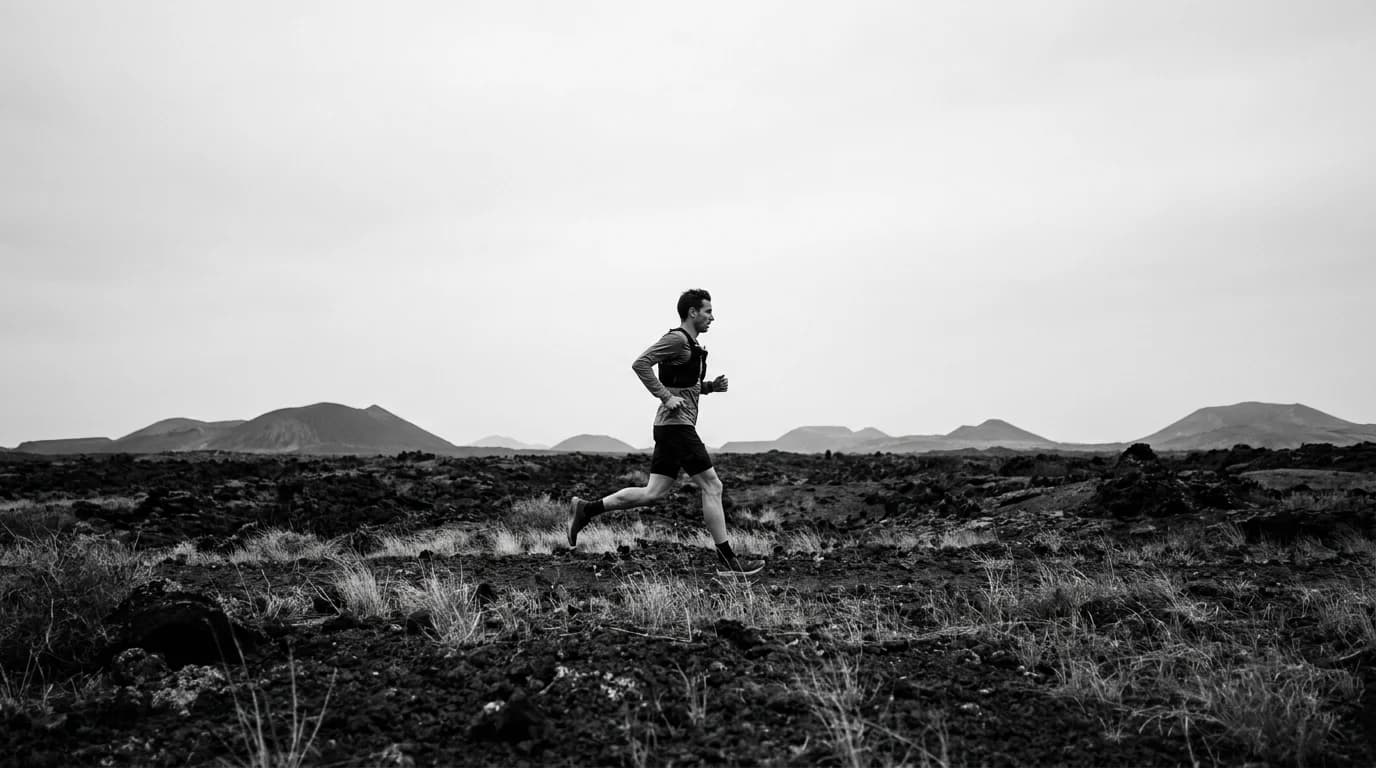 Corredor de trail cruzando el malpaís volcánico de Lanzarote, con los conos de los volcanes al fondo bajo un cielo cubierto.